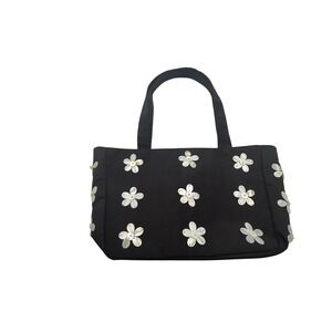 Shiraleah Black Fabric Tote Bag Shell Flower Applique Handbag Floral Iridescent